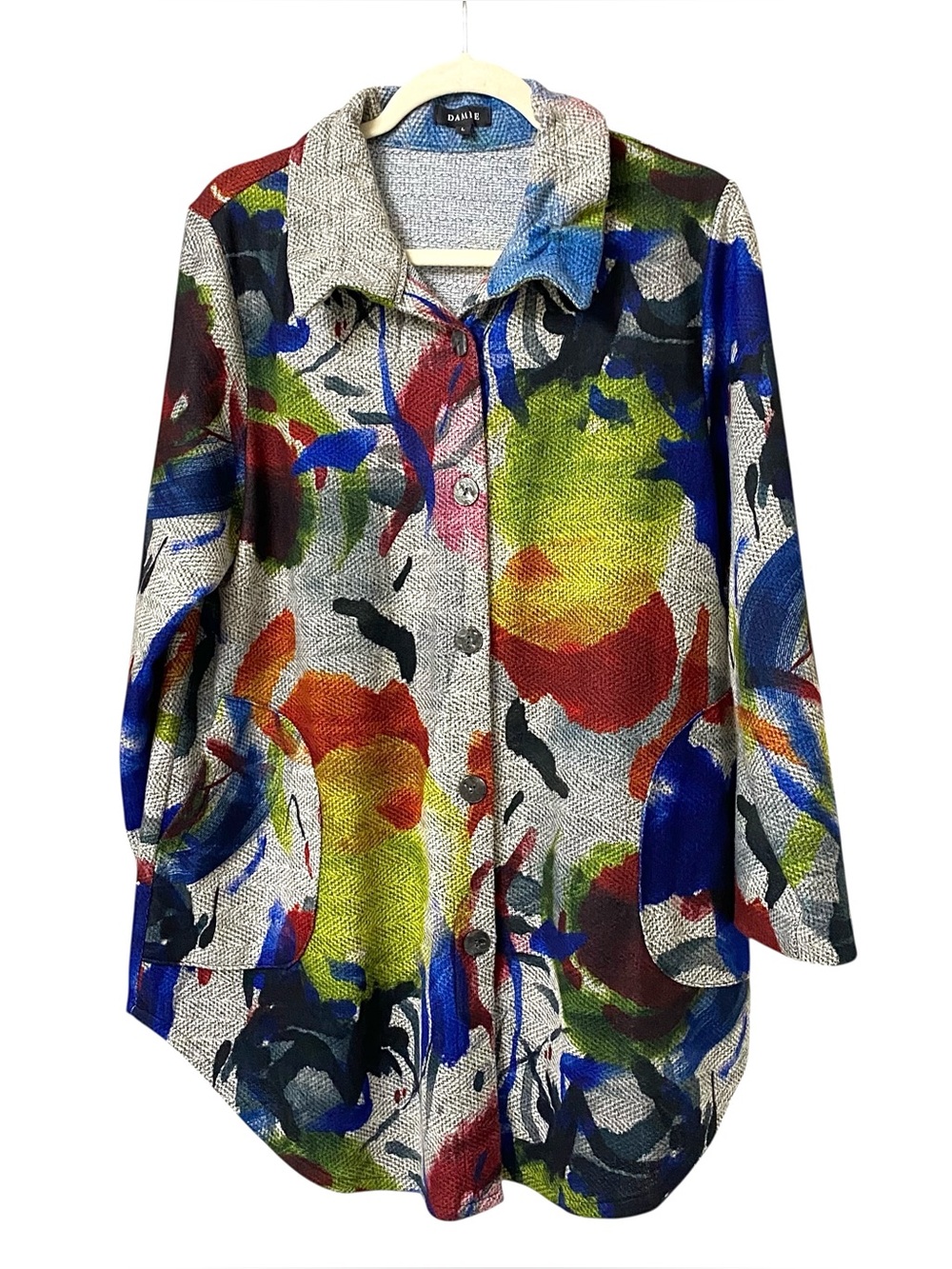 Damee soft Funky colorful abstract Art to Wear Artys A line button up jacket L